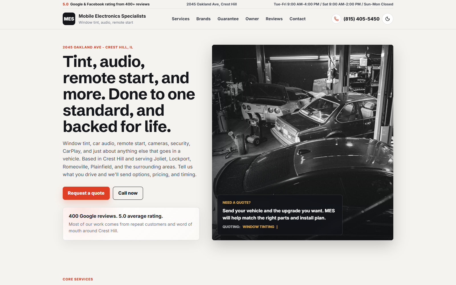 Mobile Electronics Specialists homepage: car audio, window tint, and remote start in Crest Hill, IL